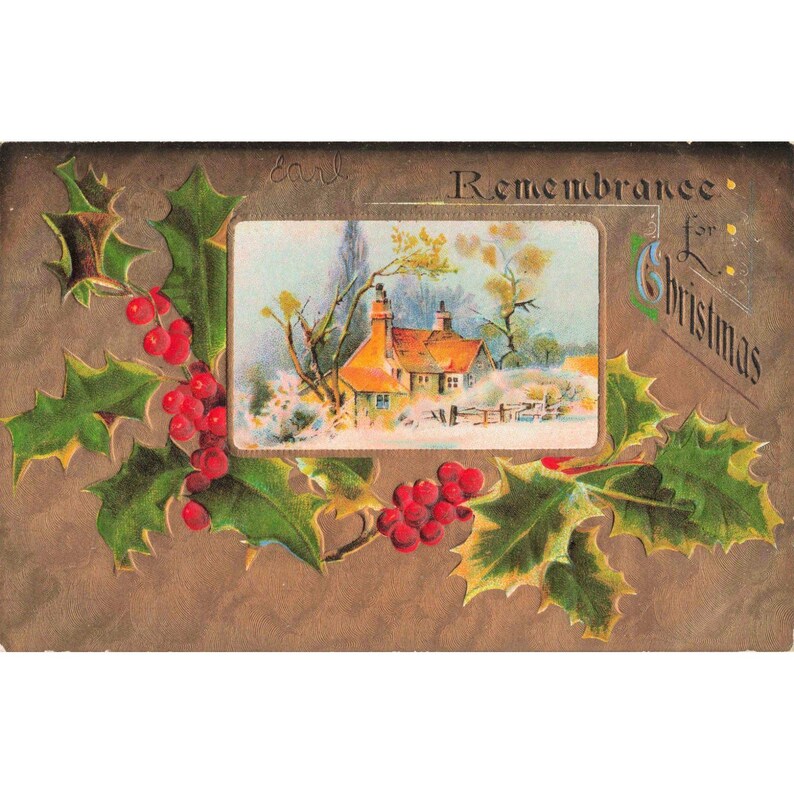 Antique 1909 Embossed Christmas Postcard Snowy Cottage Holly Greeting image 1