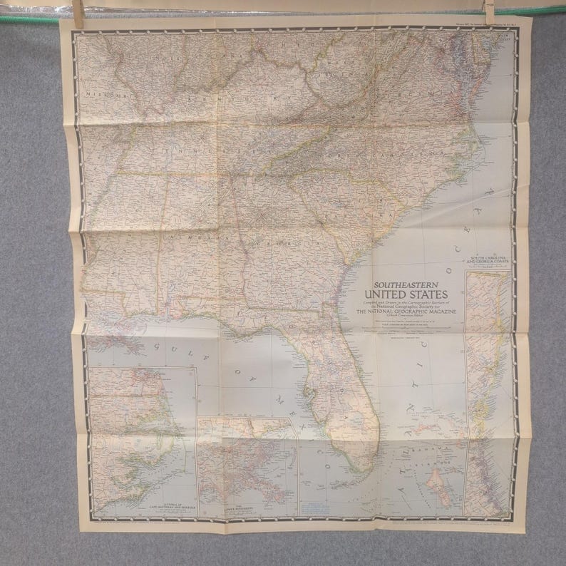 Vintage 1947 National Geographic Southeastern United States Map 29x26 Foldout image 1