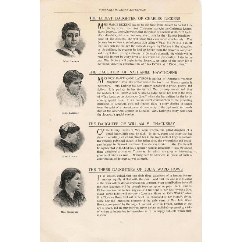 1891 Scribners Magazine Filles célèbres Ladies Home Journal Dickens Hawthorne image 2