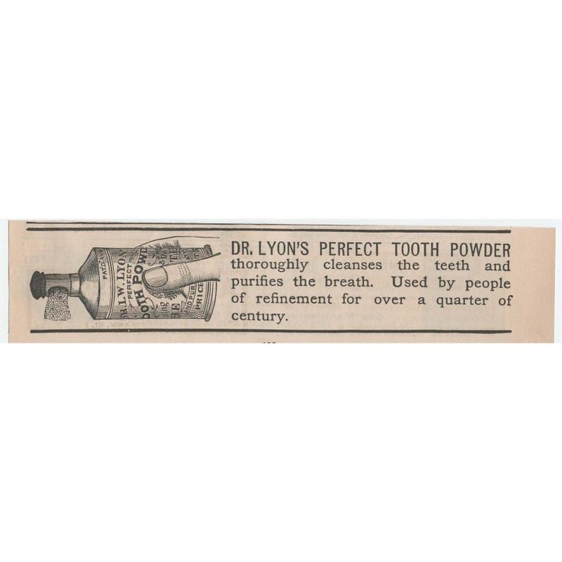 Antike Werbeanzeige für Dr. Lyons Perfect Tooth Powder von 1891 – Viktorianische Dental-Ephemera Bild 1