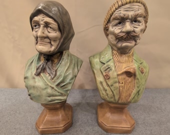 Vintage Salty Dog and Sea Hag Beulah Ceramic Bust Figurines Nautical Decor Set
