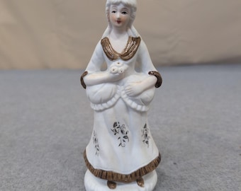 Vintage Porcelain Colonial Woman Figurine White Brown Floral Hand Painted Decor