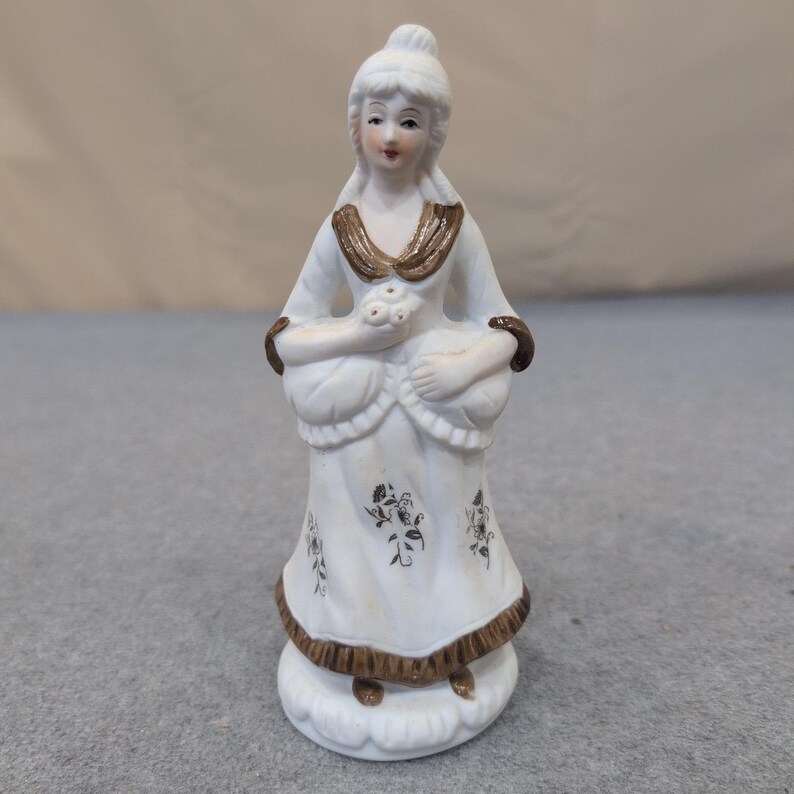 Vintage Porcelain Colonial Woman Figurine White Brown Floral Hand Painted Decor image 1