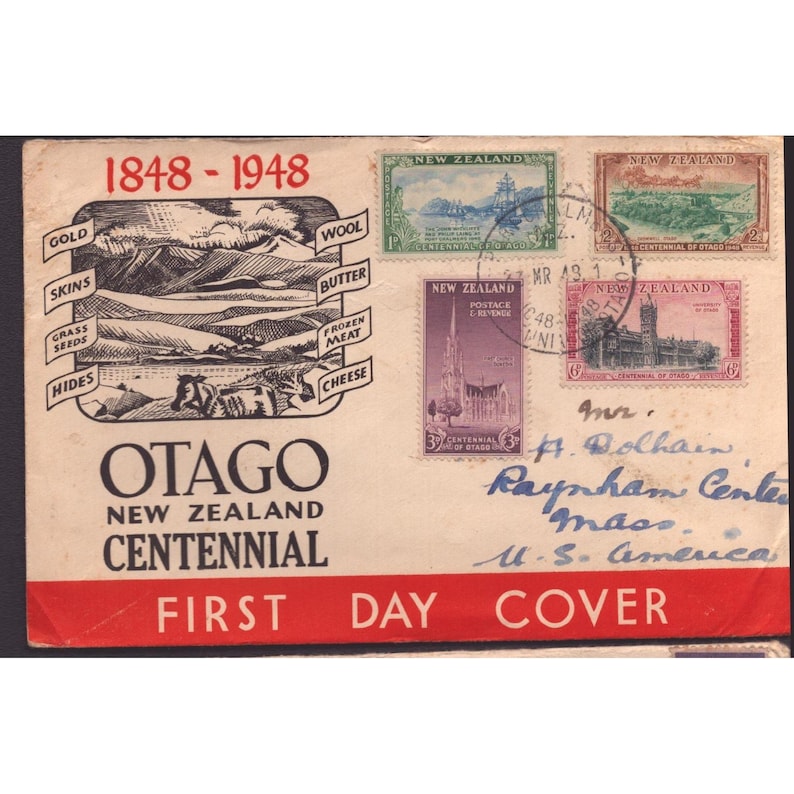 1948 Nowa Zelandia Otago Centennial FDC Illustrated Cachet Dunedin to USA zdjęcie 1