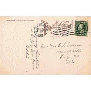 Carte postale de Noël vintage de 1911, avec cloches et houx, cachet postal de Scranton, Pennsylvanie, très bon état. image 2