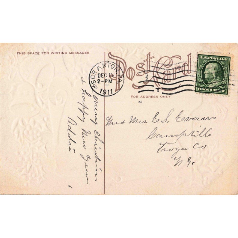 Carte postale de Noël vintage de 1911, avec cloches et houx, cachet postal de Scranton, Pennsylvanie, très bon état. image 2