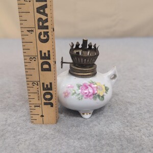 Miniature Porcelain Floral Oil Lamp White Pink Yellow Rose Gold Trim NA308 image 4