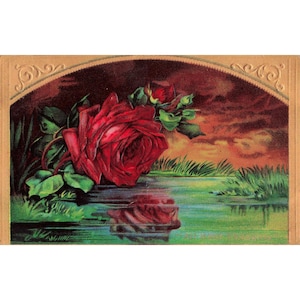 Antique 1910 Red Rose Reflection Postcard Embossed Gold Border 1c Franklin Stamp image 1