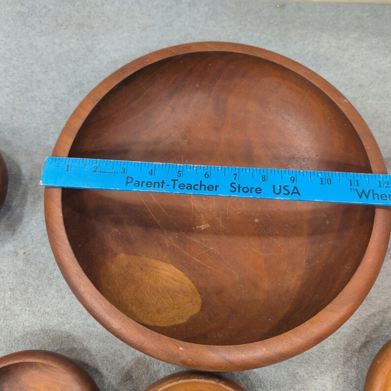 Vintage Mid Century Modern Solid Wood Salad Bowl Set 6 Piece Brown MCM image 8