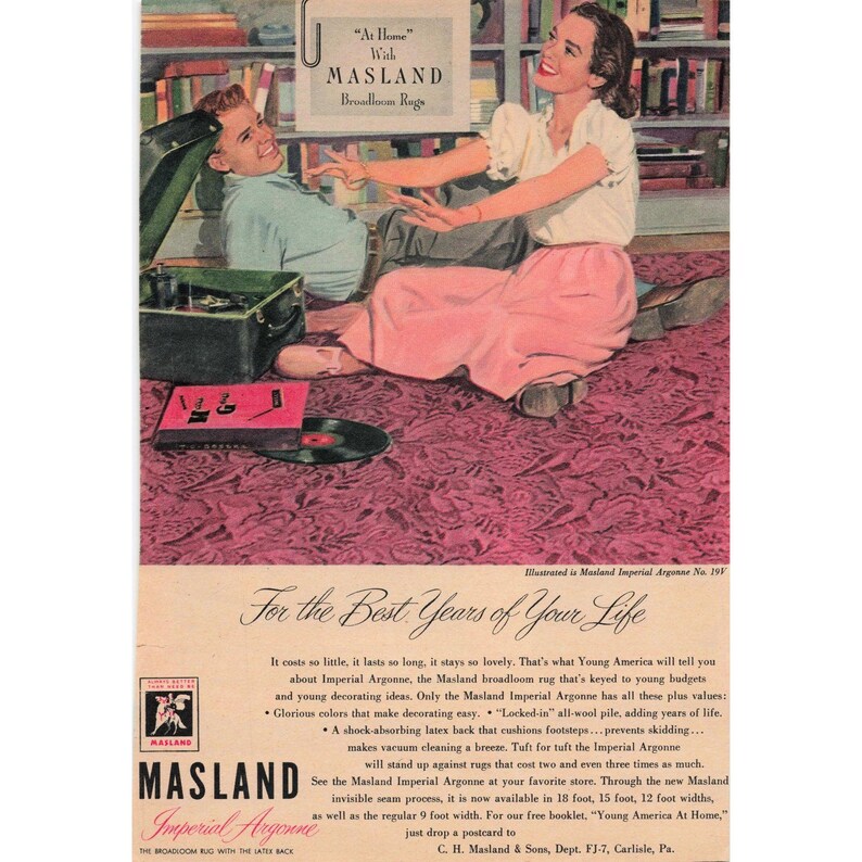 Alfombra vintage Masland Imperial Argonne Broadloom, anuncio impreso en revista, decoración del hogar, arte imagen 1