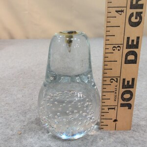 Vintage Clear Controlled Bubble Art Glass Pear Paperweight Metal Stem Figurine image 4
