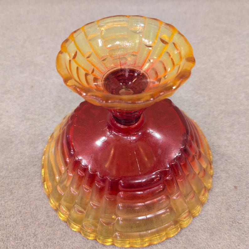 Vintage Amberina Glass Basketweave Compote Footed Candy Dish Red Yellow Scallop image 7