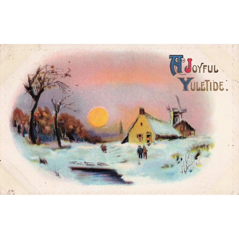 Antique Christmas Postcard A Joyful Yuletide Winter Cottage Windmill C51 Nash image 1