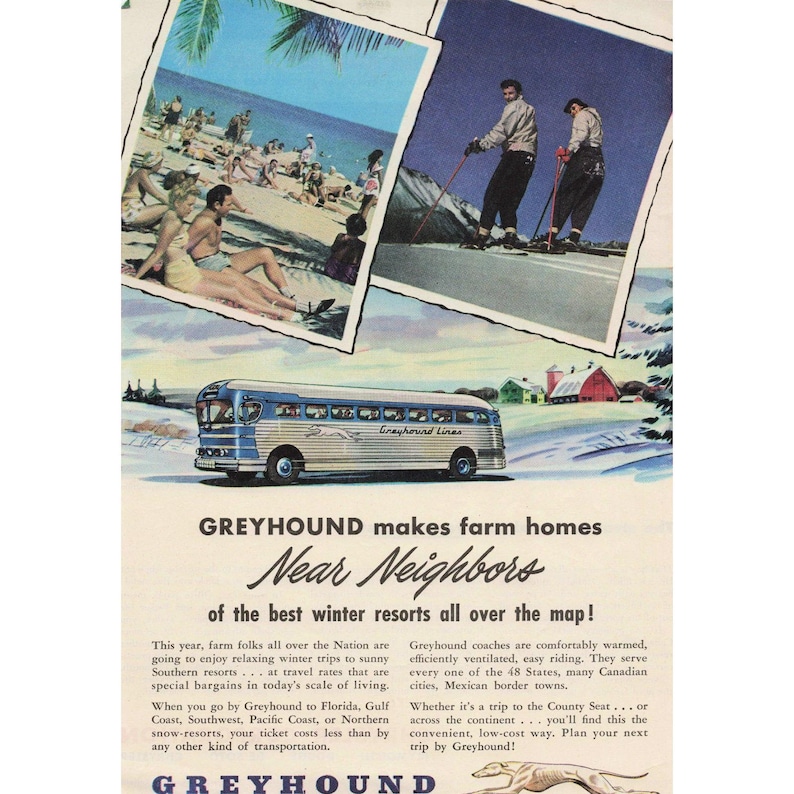 Anúncio vintage da Greyhound Lines para viagens de inverno a resorts, arte de ônibus de meados do século XX (década de 1940). imagem 1