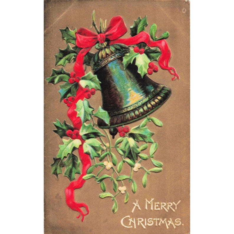 Vtg 1908 Christmas Postcard Embossed Bell Holly Mistletoe Union NY Used image 1