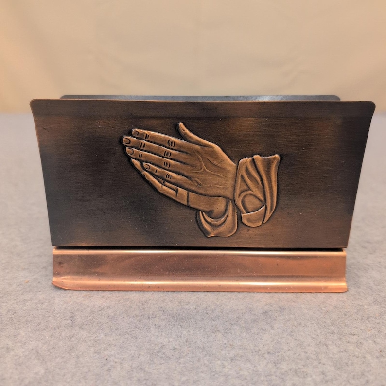 Vintage Coppercraft Guild Copper Praying Hands Letter Holder Desk Mail Organizer image 1