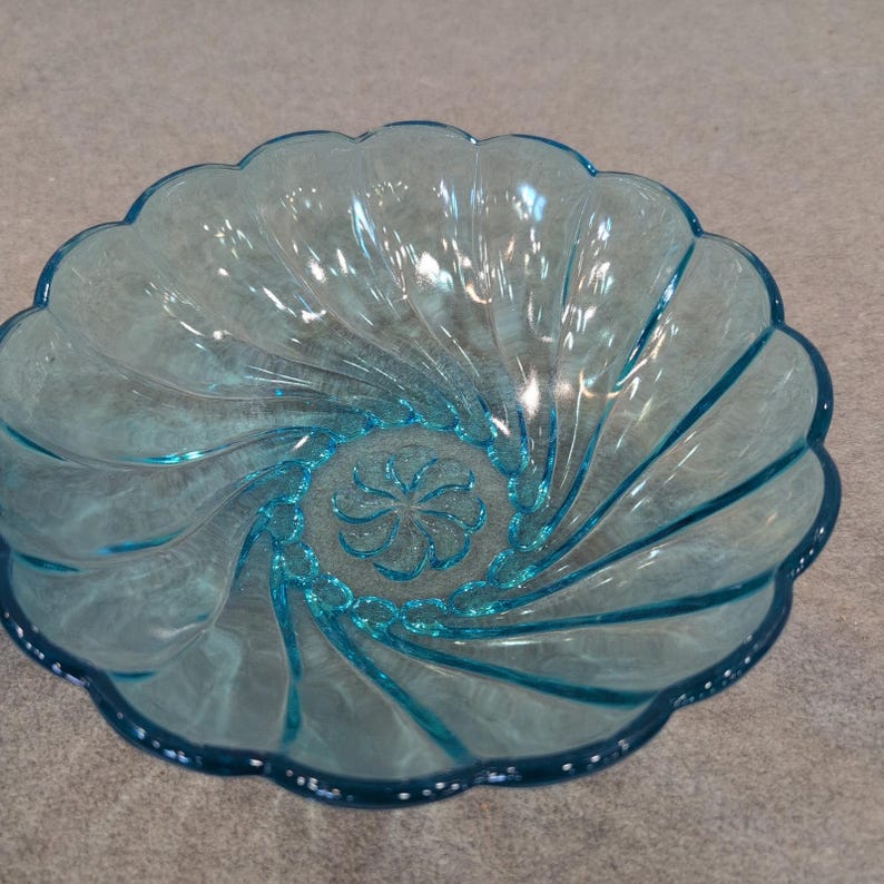 Vintage Blue Glassware Set Moon and Star Sugar Bowl & Scalloped Swirl Bowl Aqua image 3