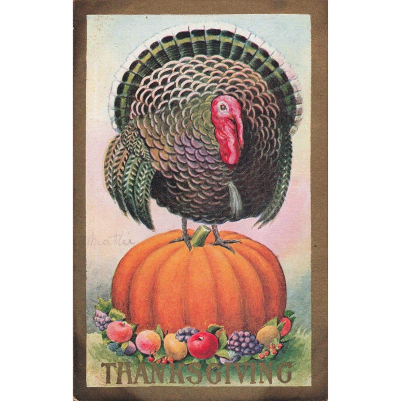 Vintage Thanksgiving Postcard Turkey on Pumpkin Fall Fruit Lithograph VG image 1