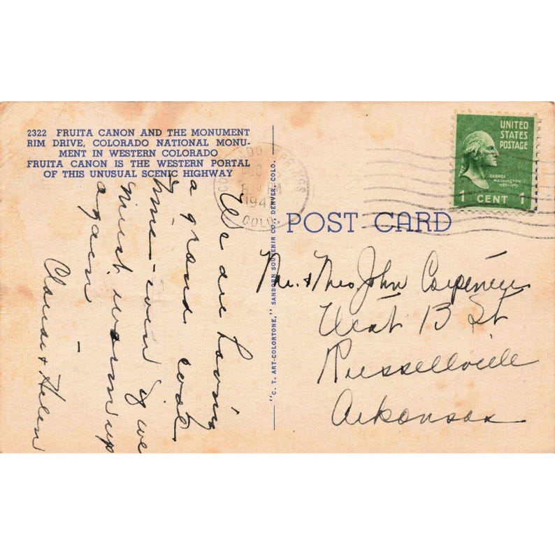 Colorado National Monument Linen Postcard 1944 Fruita Canon Rim Drive Sanborn image 2