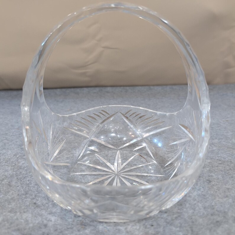 Vintage Crystal Glass Basket Clear Etched Starburst Handle Bowl Dish 6" image 3