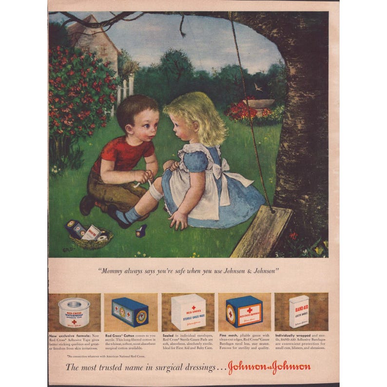 Reklama firmy Johnson & Johnson z lat 40. XX wieku z plastrem i gazą Czerwonego Krzyża, dziecięca sztuka zdjęcie 1