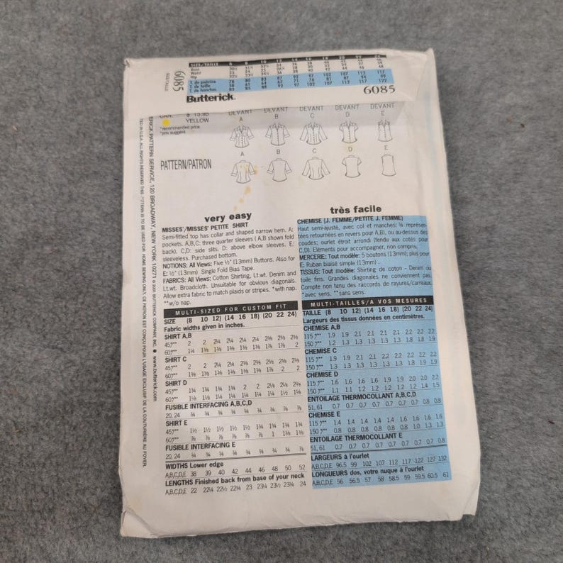 Butterick 6085 Sewing Pattern Misses Petite Shirts Size 20-24 Cut Complete image 2