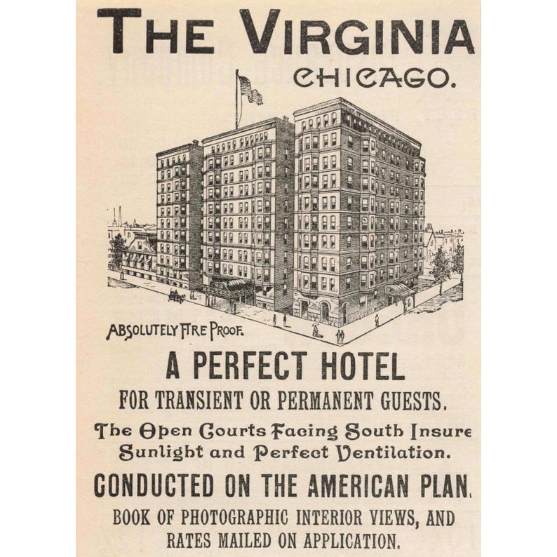 The Virginia Hotel Chicago Advertisement Vintage Print Ad 1890s Architecture image 1