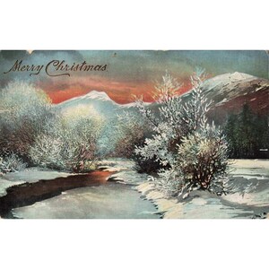 Antieke kerstkaart uit 1904 met een afbeelding van een besneeuwde bergrivier in Duitsland, afgestempeld in zeer goede staat. afbeelding 1