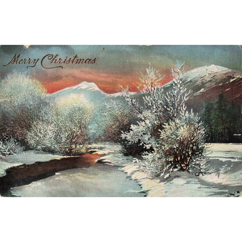 Antieke kerstkaart uit 1904 met een afbeelding van een besneeuwde bergrivier in Duitsland, afgestempeld in zeer goede staat. afbeelding 1