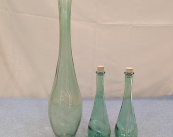 Vintage Green Glass Vase and Bottle Set 3 Piece Teardrop Decor with Corks