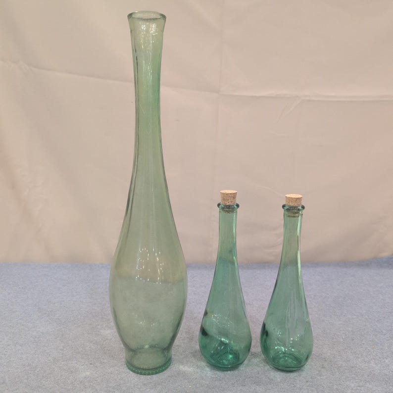Vintage Green Glass Vase and Bottle Set 3 Piece Teardrop Decor with Corks image 1