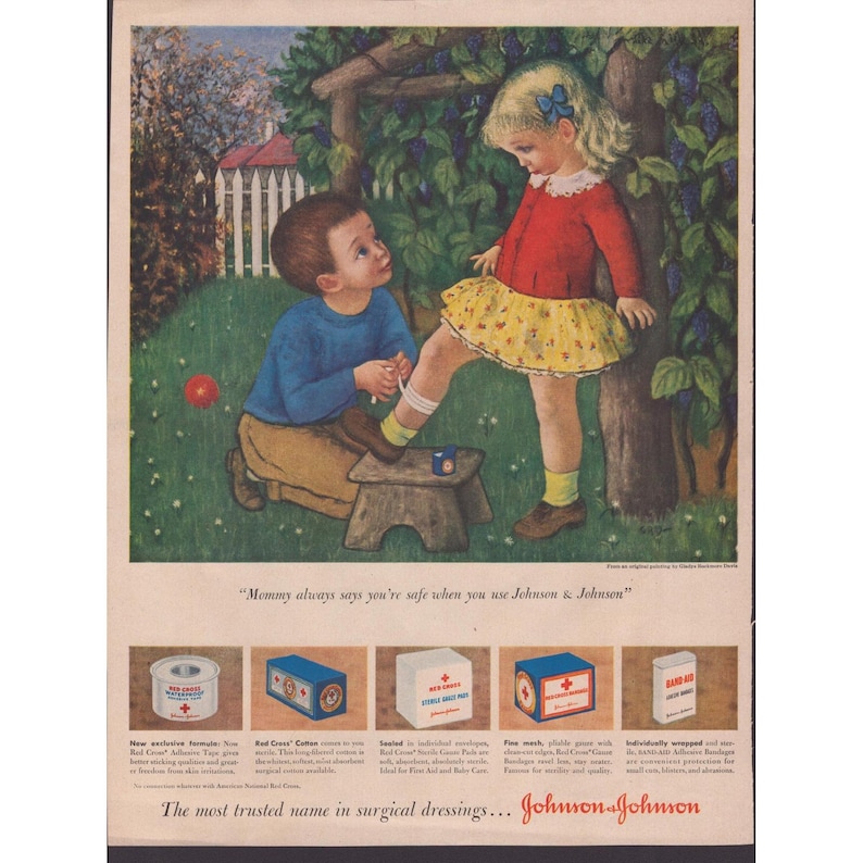 Vintage 1940s Johnson & Johnson Print Ad Gladys Rockmore Davis Art 13x10 VG+ image 1