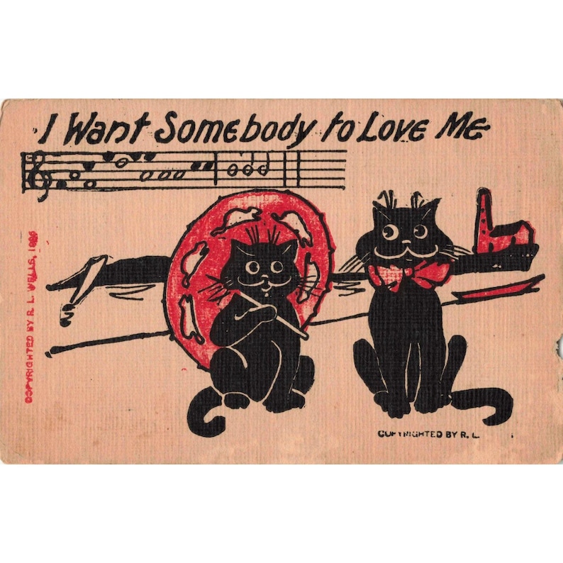 Årgång 1906 R.L. Wells Black Cats Musikvykort Jag vill att någon ska älska mig VG bild 1