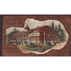 1905 Lewis & Clark Fair Portland Oregon Forestry Building Leather Postcard VG- image 1
