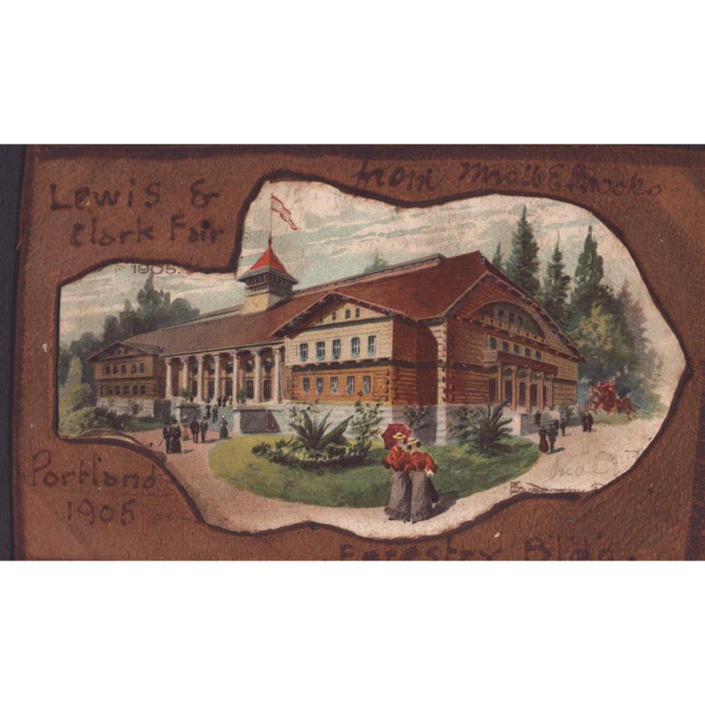 1905 Lewis & Clark Fair Portland Oregon Forestry Building Leather Postcard VG- image 1