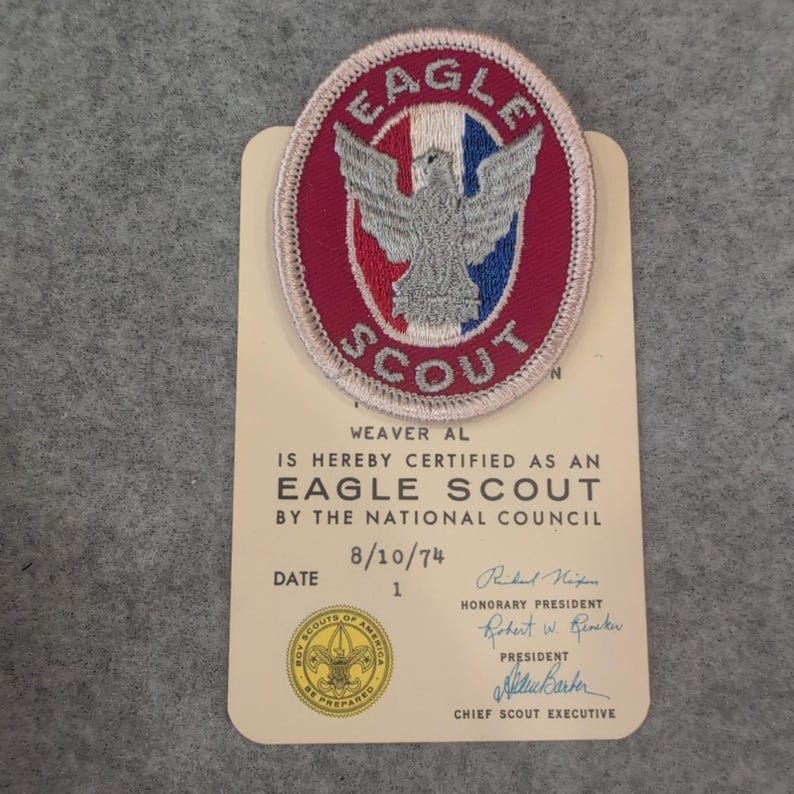 Vintage Eagle Scout Abzeichen und Zertifizierungskarte 1974 Boy Scouts of America Bild 1