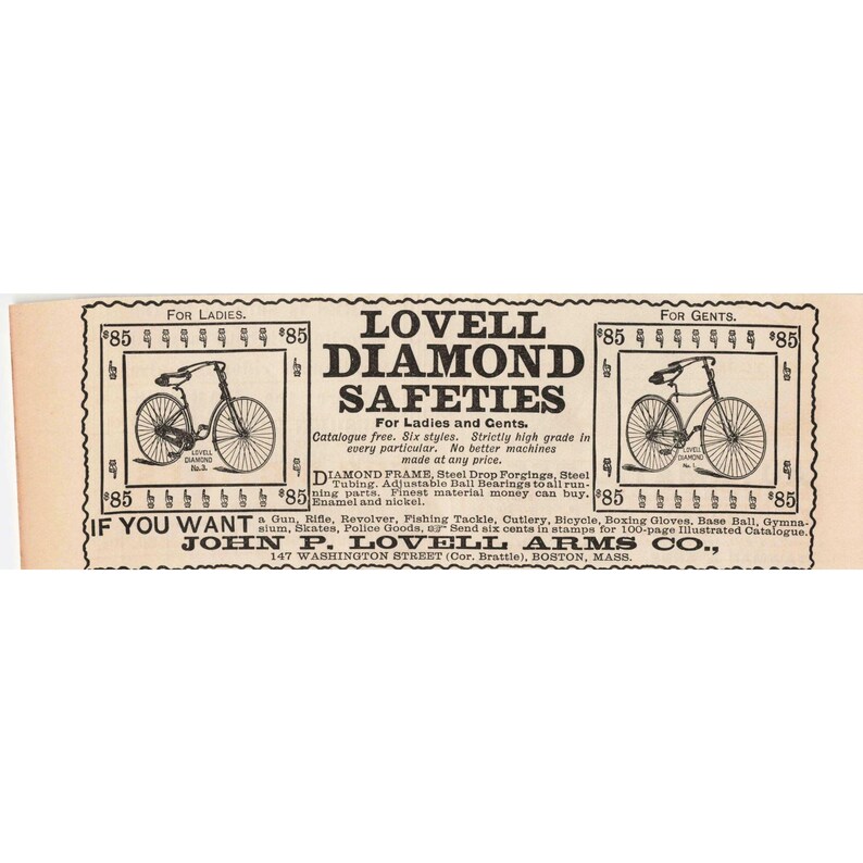 1892 Lovell Diamond Safeties Bicycle For Ladies And Gents Vintage Advertising image 1