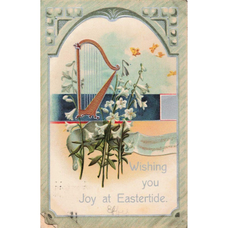 Carte postale de Pâques vintage de 1908, Lys Harpe, International Art Publishing Co, n° 733 image 1