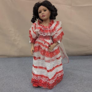 Ashley Belle Porcelain Mexican Doll With Stand Red White Lace Dress Hoop Earring image 1