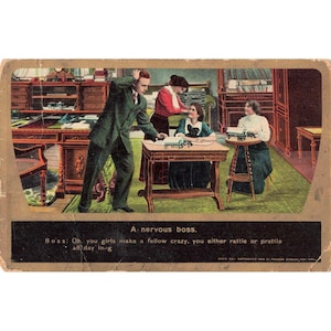 Vintage Postkarte von 1909 mit dem Motiv „Ein nervöser Chef – Bürohumor“ (Eismann, geteilte Rückseite) Bild 1