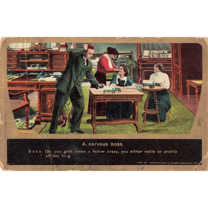 Vintage Postkarte von 1909 mit dem Motiv „Ein nervöser Chef – Bürohumor“ (Eismann, geteilte Rückseite) Bild 1