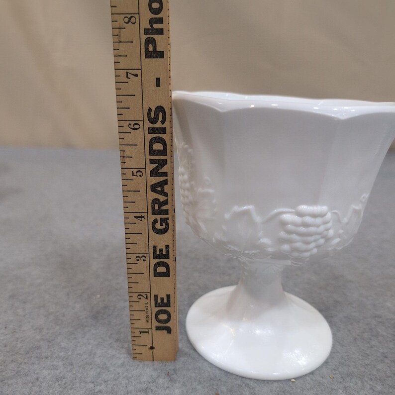Vintage White Milk Glass Harvest Grape Pedestal Goblet Scalloped Rim image 5