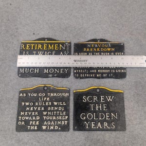 Vintage Cast Metal Retirement Humor Wall Plaques Set of 4 Funny Novelty Signs image 2