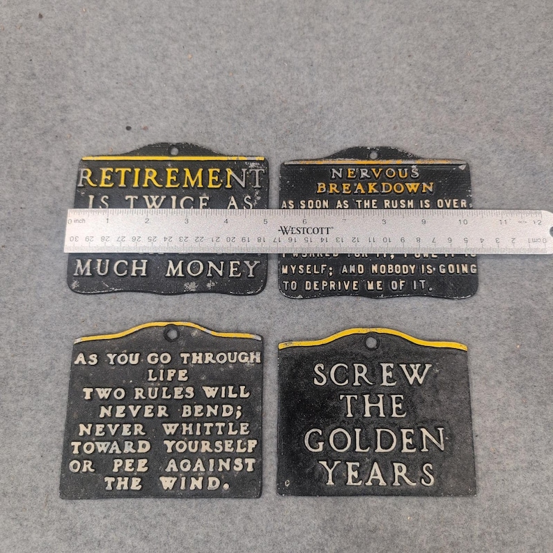 Vintage Cast Metal Retirement Humor Wall Plaques Set of 4 Funny Novelty Signs image 2