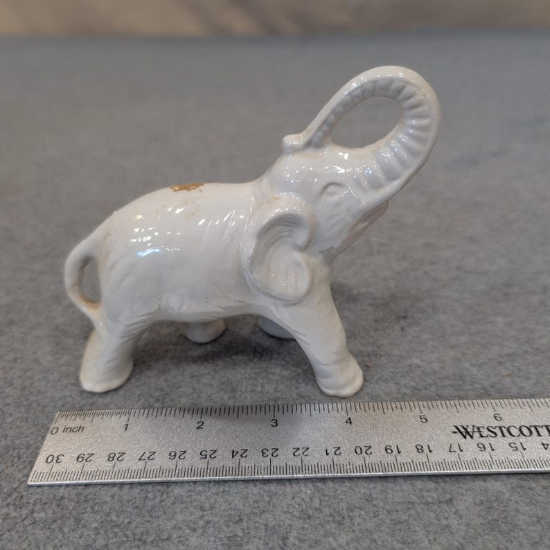 Vintage White Ceramic Elephant Figurine Trunk Up Good Luck Made in Brasil image 4