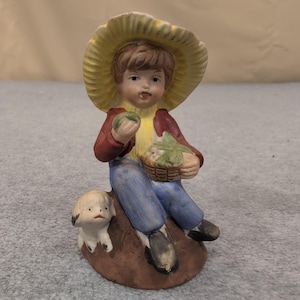 Frankel Boy with Dog and Basket Bell Figurine Vintage Ceramic Made in Taiwan image 1