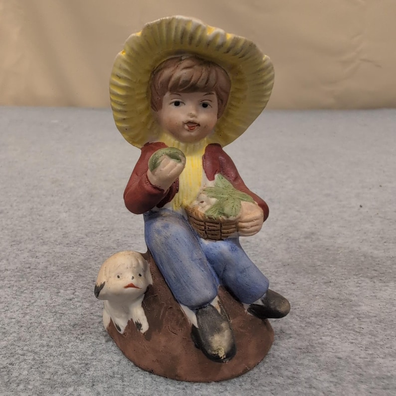 Frankel Boy with Dog and Basket Bell Figurine Vintage Ceramic Made in Taiwan image 1