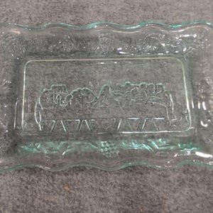 Tiara Indiana Glass Last Supper Bread Tray and Trinket Dish Set Clear Green image 3