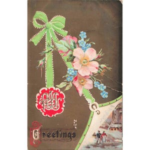 Vintage 1908 Embossed Christmas New Year Postcard Floral Ribbon Lester Iowa VG image 1