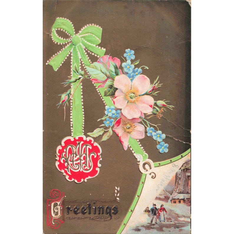 Vintage 1908 Embossed Christmas New Year Postcard Floral Ribbon Lester Iowa VG image 1